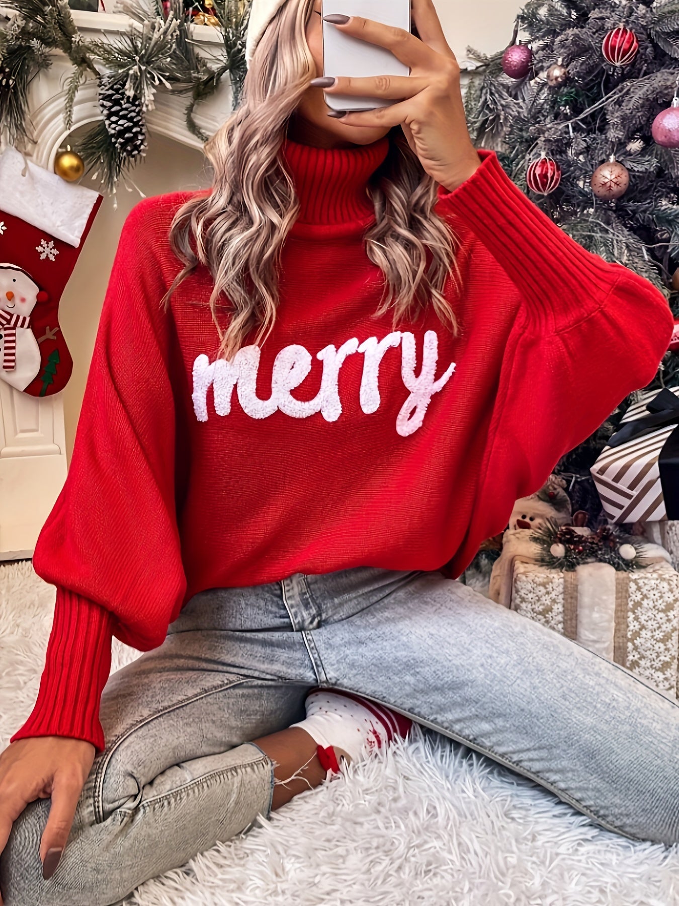 Persephone | Pull Femme Merry Christmas Avec Manches À Motifs | Fluffy