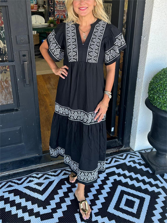 Aenor | Robe Bohème | Col En V | Manches Courtes | Midi
