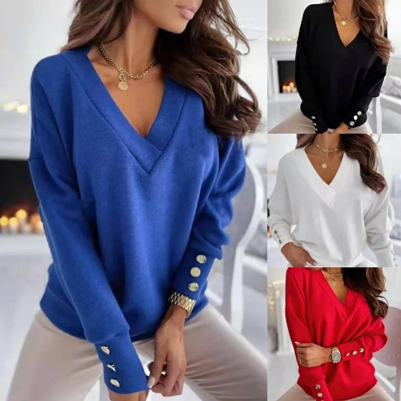 Pull-over À Col En V À Boutons Élégants Pour Femmes | Décontracté