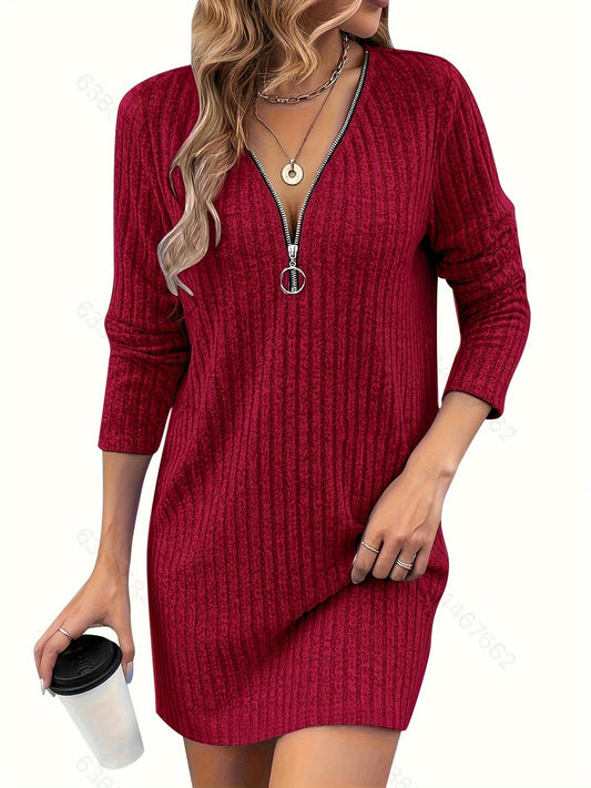 Inès | Sable | Robe Courte Rouge | Col en V | Maille