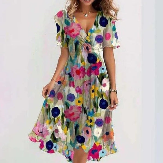 Agathe | Robe Chemisier Fluide Mi-Longue | Florale | Col En V