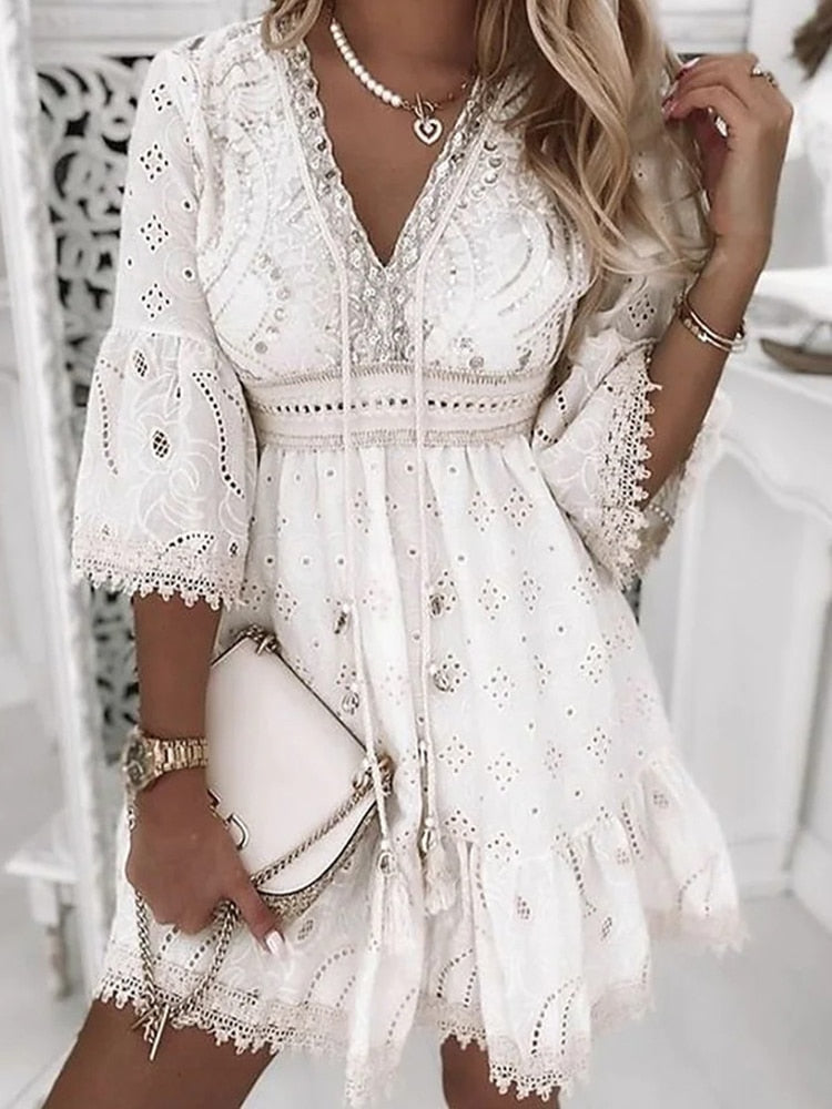 Vivaline | Robe D'été Col V Bohemienne Pour Femmes | Mini