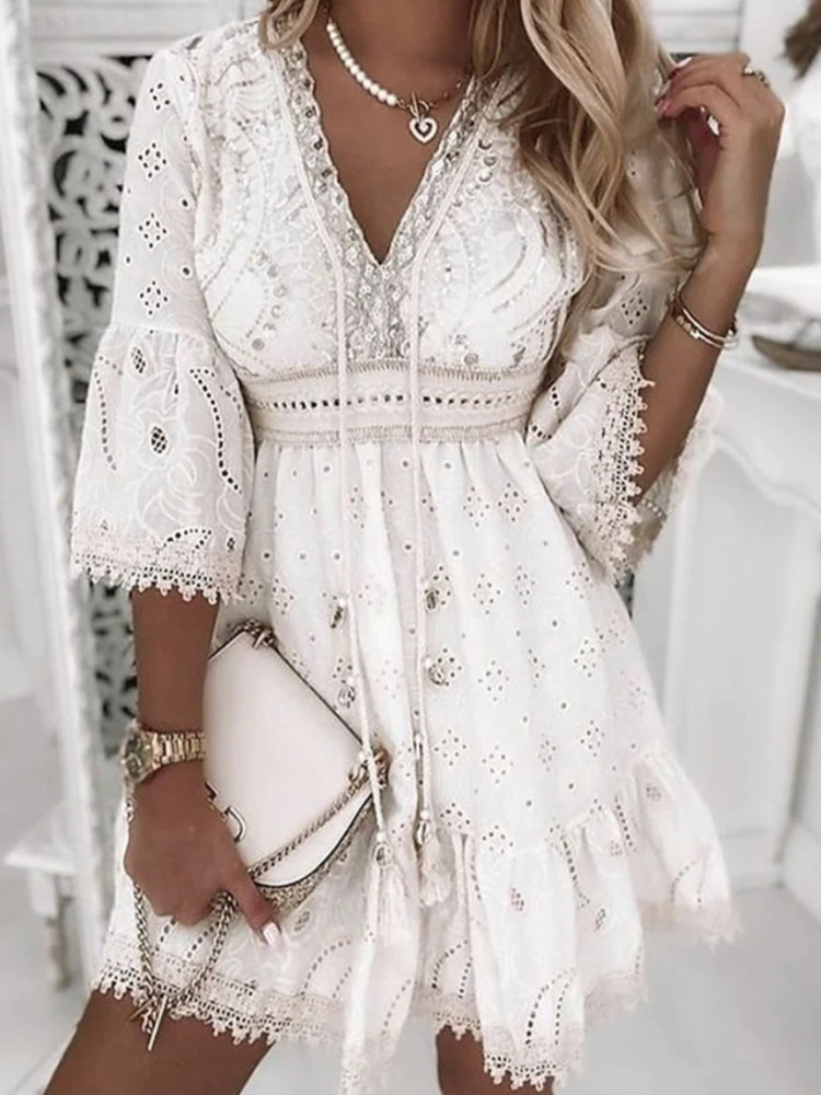 Vivaline | Robe D'été Col V Bohemienne Pour Femmes | Mini