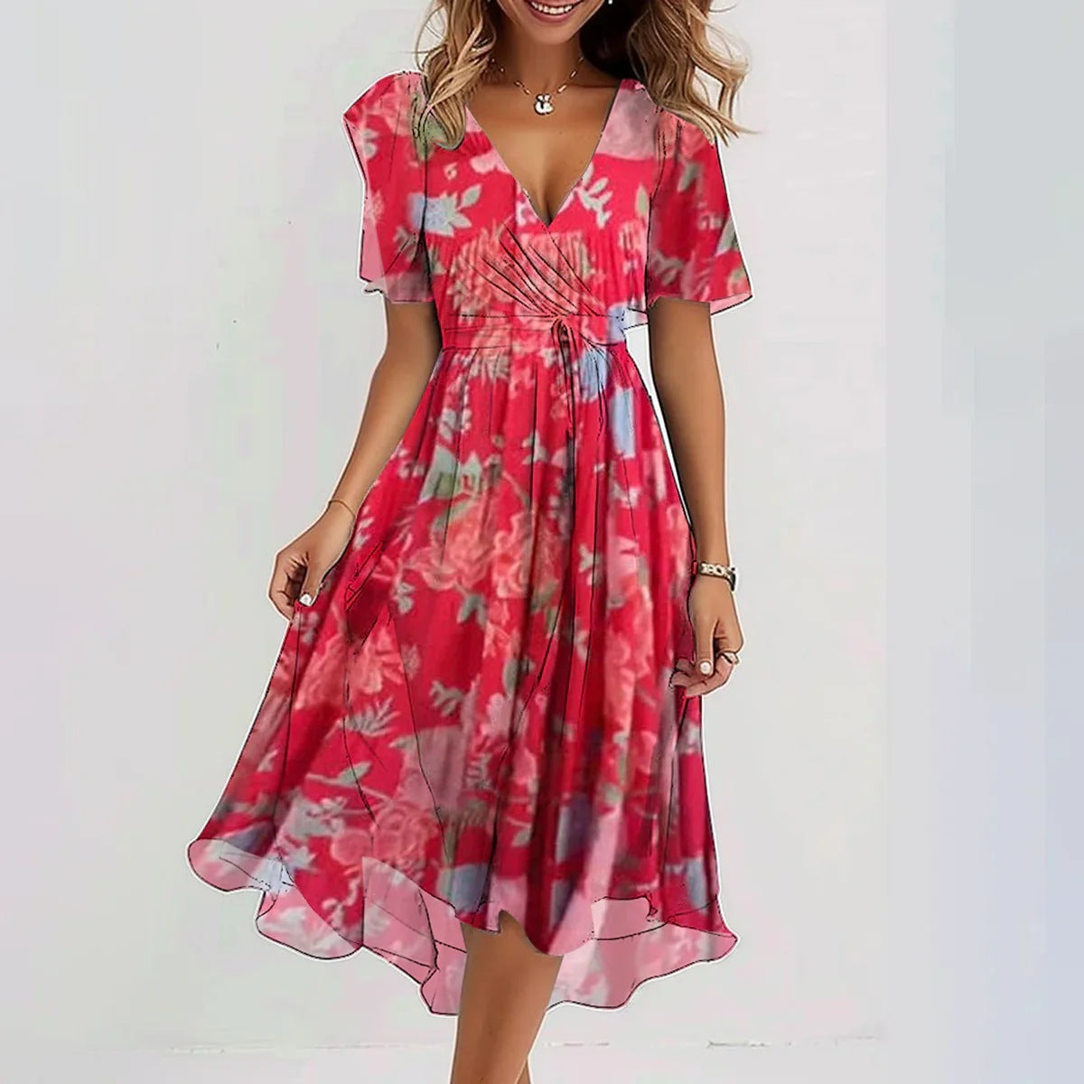 Agathe | Robe Chemisier Fluide Mi-Longue | Florale | Col En V