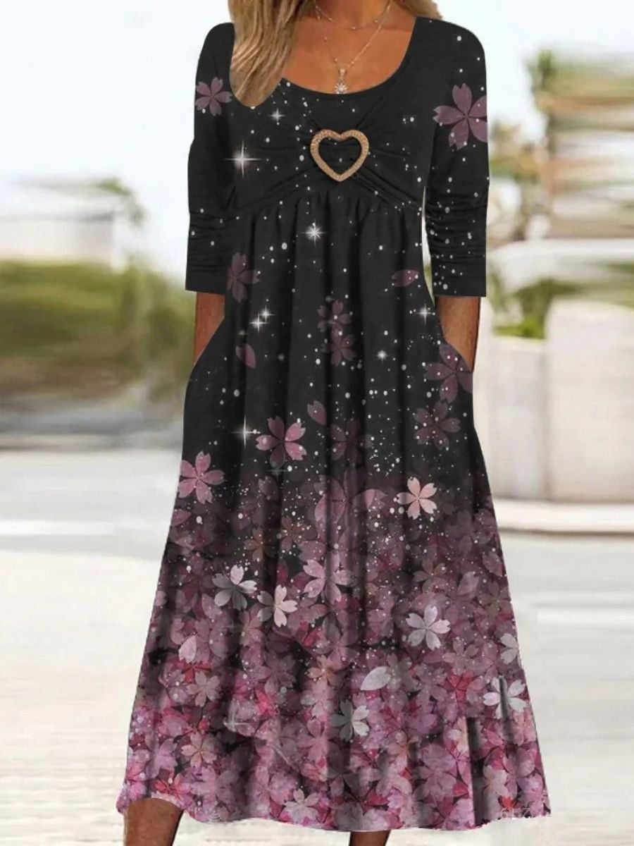 Robe Midi Décontractée À Col Rond, Imprimé Floral Et Demi-manches Pour Femmes | Polyvalent