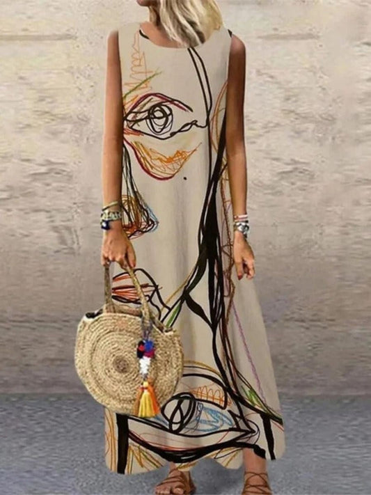 Robe Longue Sans Manches À Imprimé Abstrait Pour Femmes | Élégant