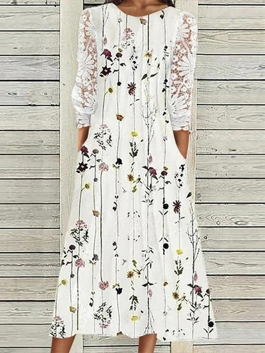 Robe Midi Blanche À Col Rond Et À Fleurs Pour Femme | Charmante