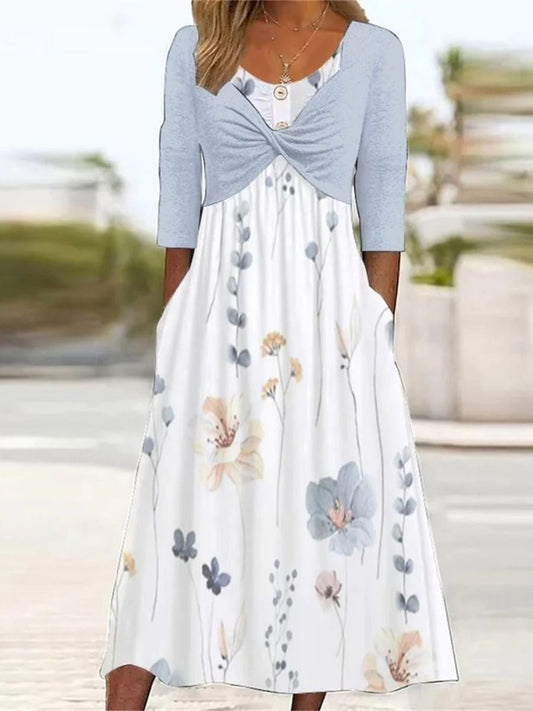 Robe Midi À Col Rond Pour Femme, Imprimé Floral, Poche Latérale, Demi-manches | Décontractée