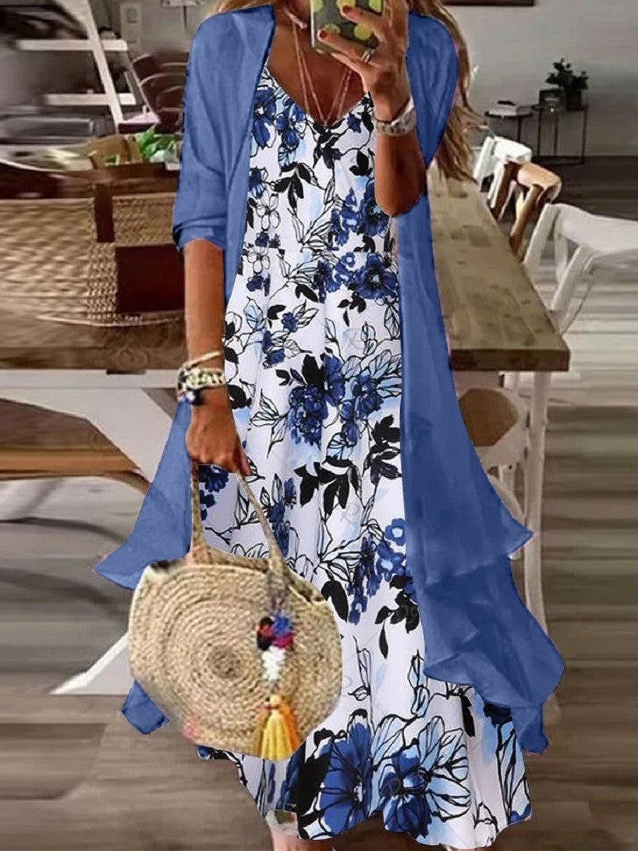 Robe Midi Deux Pièces À Manches Longues Pour Femmes, Imprimé Floral | Décontracté