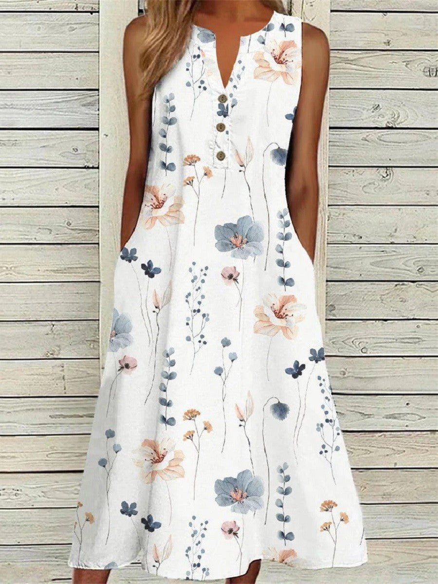 Robe Midi Sans Manche À Col En V Pour Femme, Imprimé Floral Graphique | Printemps