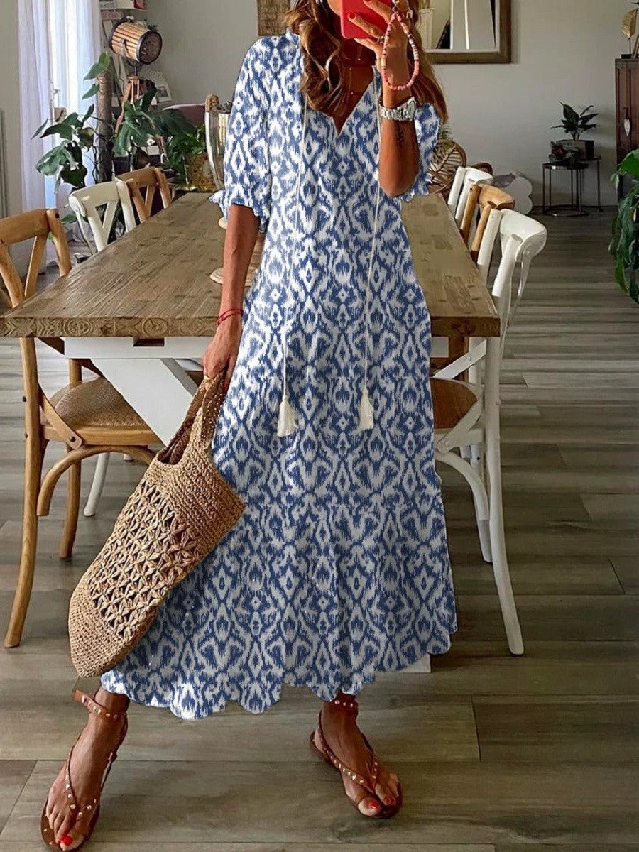 Robe À Manches Courtes Imprimée Bleue Pour Femme | Décontractée