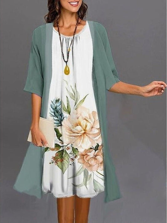 Robe Midi À Col Rond Imprimé Floral Vert Pour Femmes | Fresh