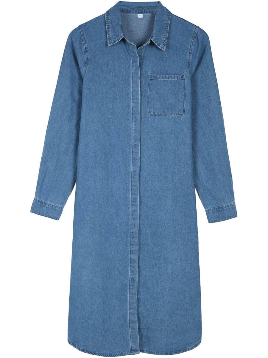 Robe Midi En Chambray À Revers Et À Boutons Pour Femmes | Décontractée