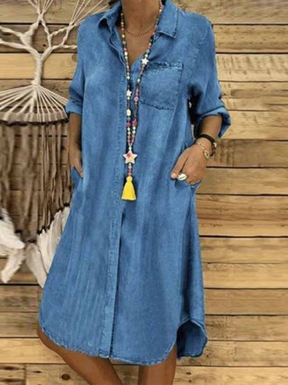 Robe Midi En Chambray À Revers Et À Boutons Pour Femmes | Décontractée