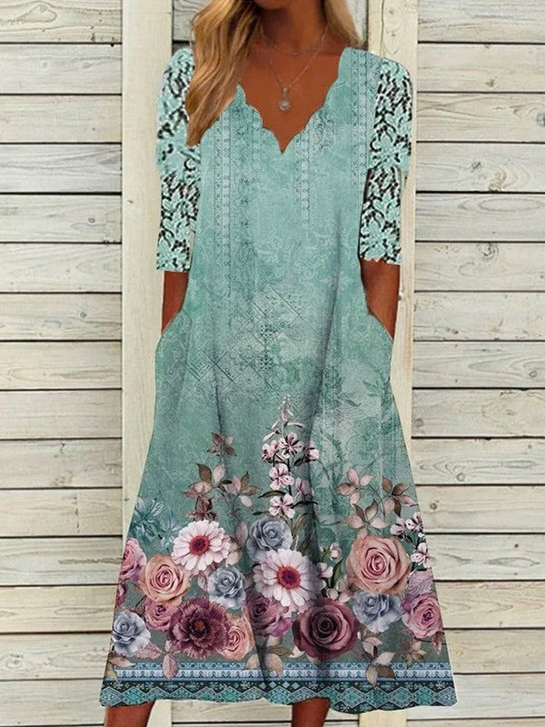 Robe Midi Verte À Col En V Et À Fleurs Longues Pour Femme | Breezy