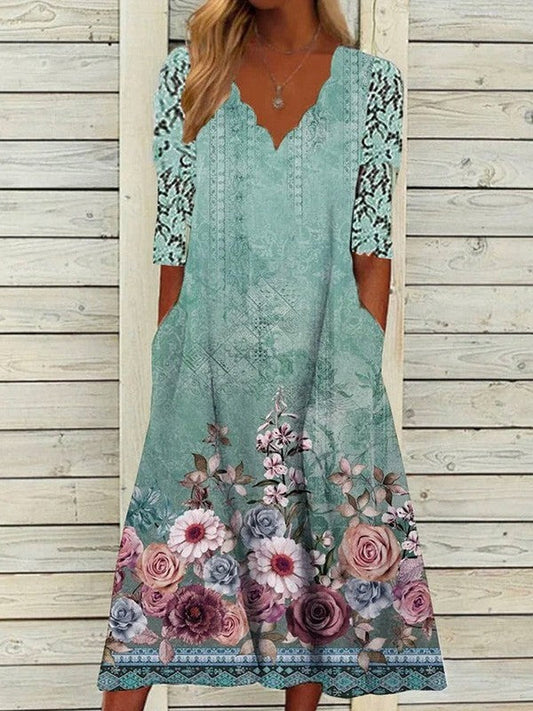 Robe Midi Verte À Col En V Et À Fleurs Longues Pour Femme | Breezy