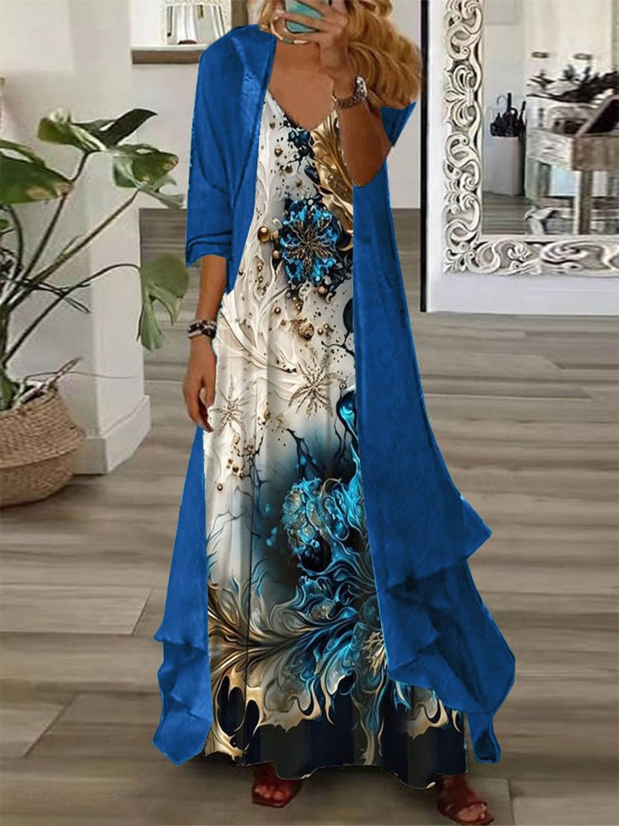 Robe Longue 2 Pièces À Fleurs Et Veste En Mousseline De Soie Pour Femmes | Formelle