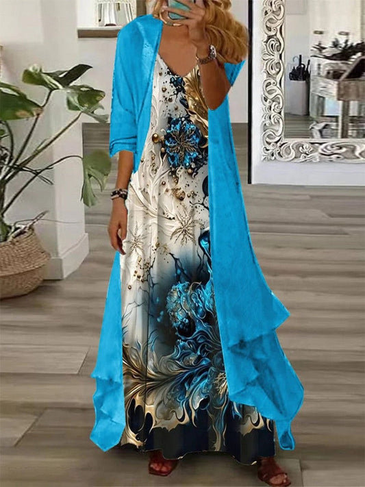 Robe Longue 2 Pièces À Fleurs Et Veste En Mousseline De Soie Pour Femmes | Formelle