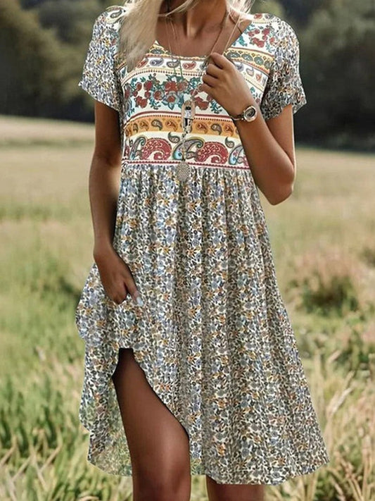 Robe Courte À Col Rond Imprimée Multicolore Vintage Pour Femme | Été