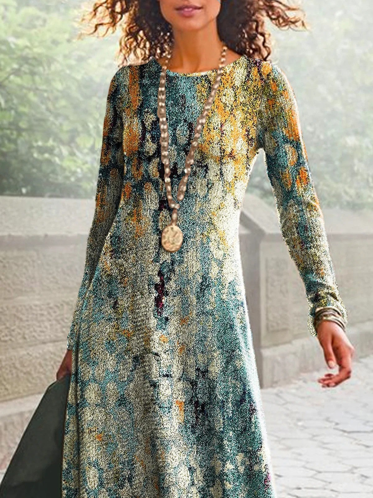 Robe Longue Vintage À Imprimé Abstrait | Printemps/automne Décontracté