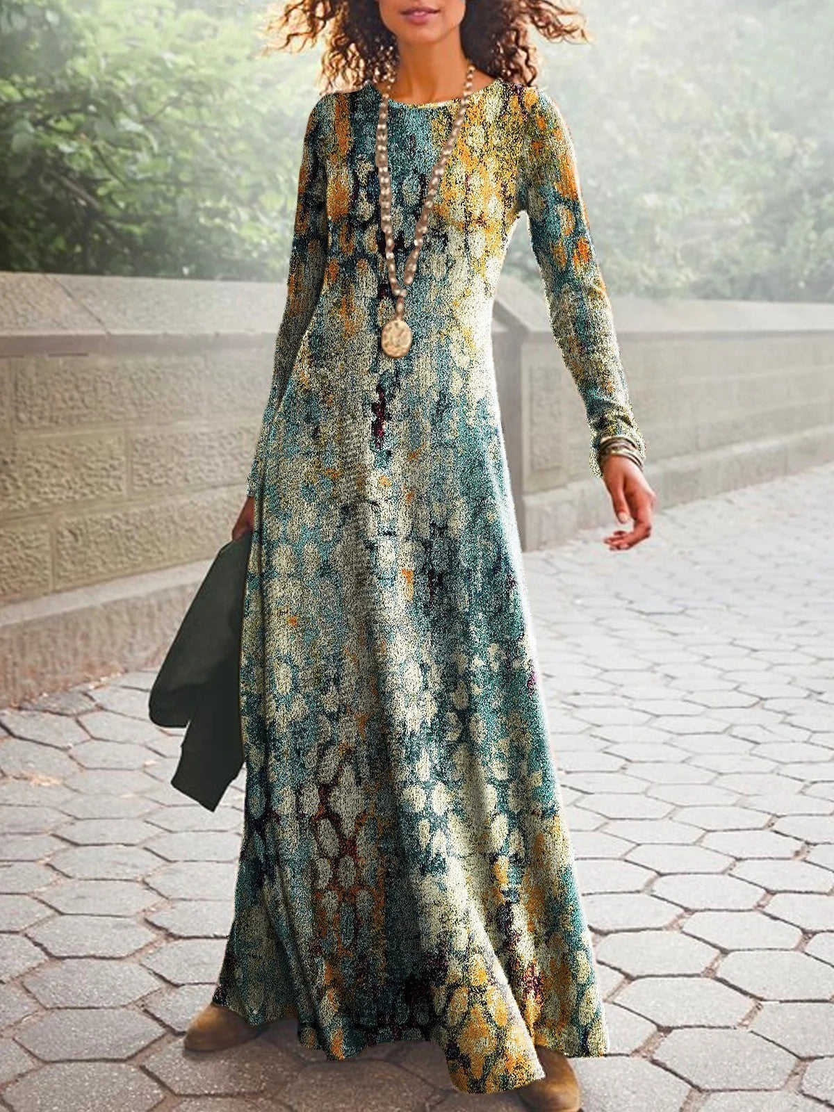 Robe Longue Vintage À Imprimé Abstrait | Printemps/automne Décontracté