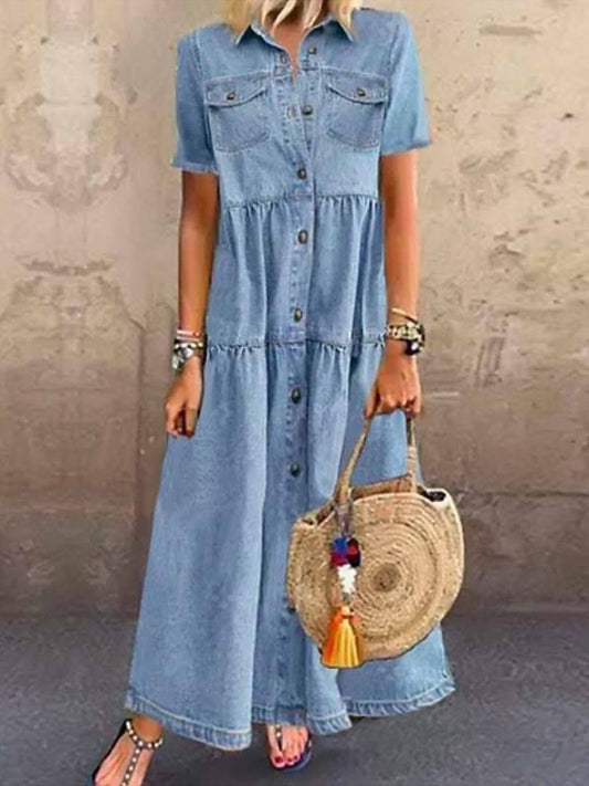 Robe Chemise Maxi À Manches Courtes Avec Poches Et Col, Pour Femmes | Printemps