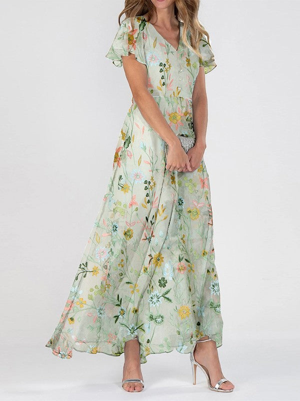 Robe Longue À Encolure En V Et À Fleurs | Chic et Séduisant