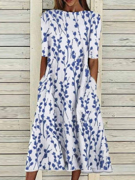 Robe Midi À Col Ras Du Cou, Imprimé Plantes, Pour Femme | Décontractée