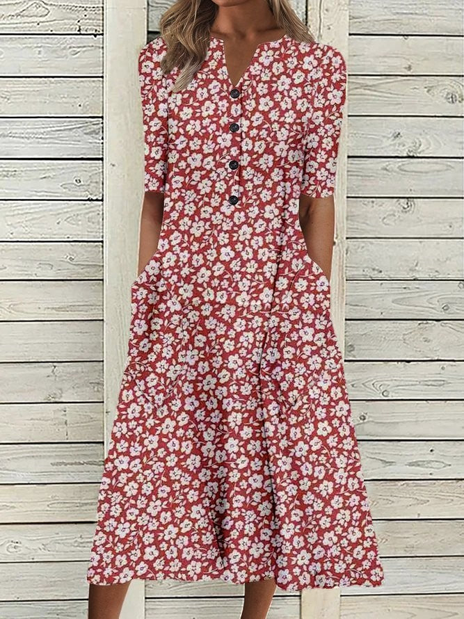 Robe Midi À Fleurs Rouges Pour Femme | Décontracté et Chic