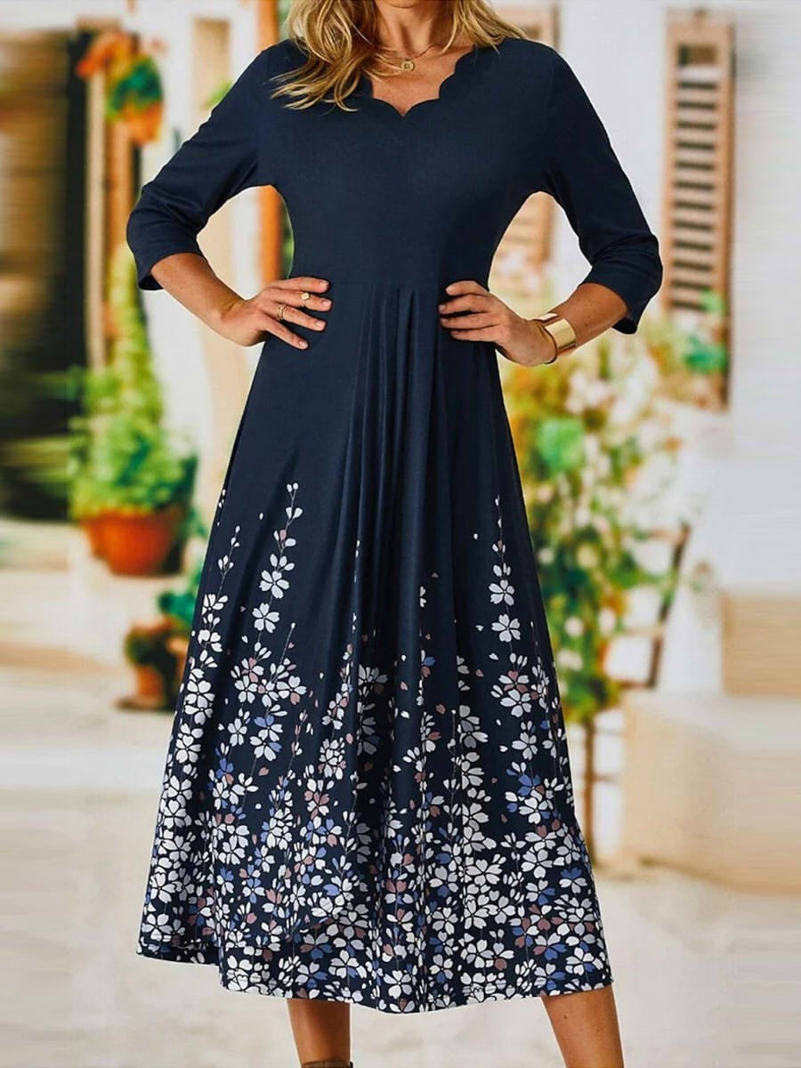 Robe Midi À Col Festonné Floral Pour Femme | Décontractée