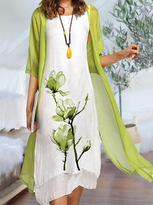 Robe Midi Deux Pièces À Col Rond Et À Fleurs Pour Femme | Chic