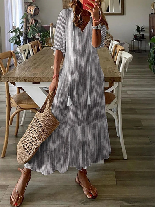 Robe Longue Décontractée Rayée À Col En V Et À Demi-manches Pour Femmes | Sans Effort