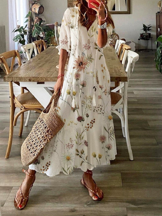 Robe À Manches Courtes À Col En V Fleuri Pour Femmes | Maxi