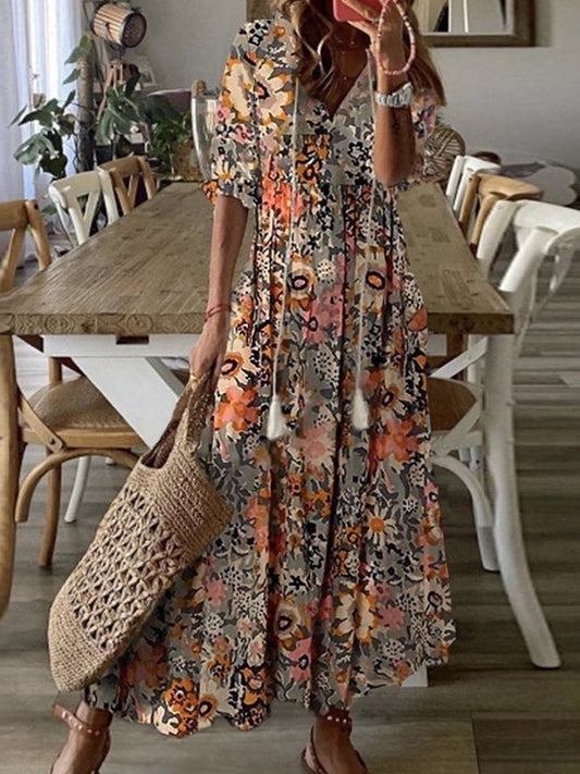 Robe Décontractée À Col En V Et À Manches Courtes Imprimée De Motifs Floraux | Chic Sans Effort