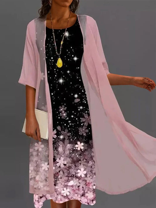 Robe Midi Deux Pièces À Col Rond Et À Manches Trois Quarts Imprimée Floral Pour Femme | Féminine