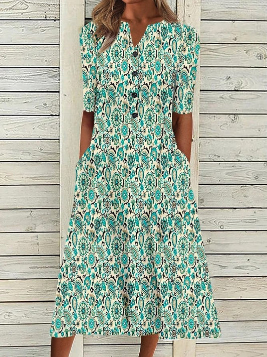 Robe Col En V À Fleurs Cyan Bleu Pour Femme | Décontracté