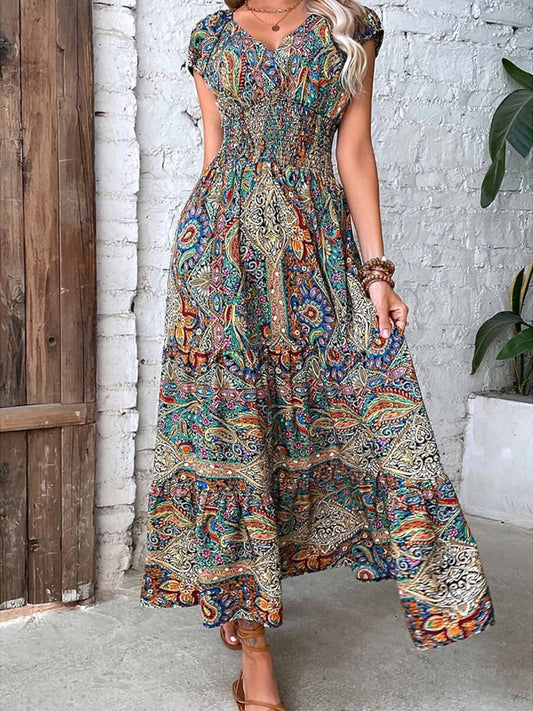 Robe Longue Florale À Manches Courtes Et Col En V Pour Femmes | Élégante Et Fluide