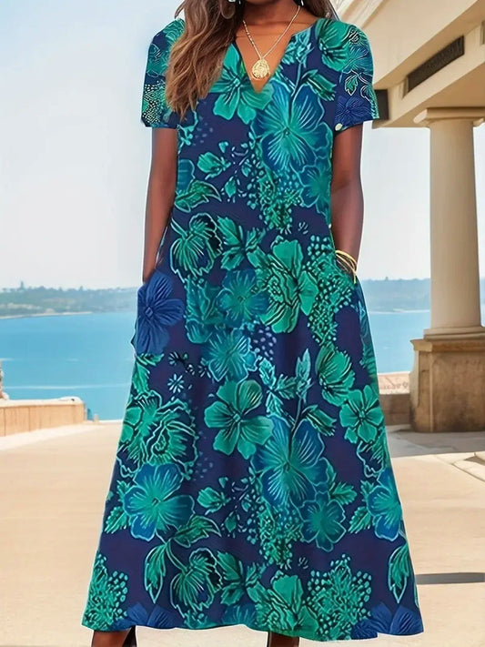 Robe Midi Décontractée À Col En V Et Manches 3/4 Pour Femme | Élégante Sans Effort