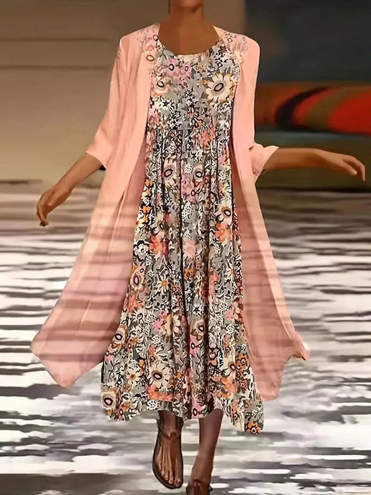 Robe Longue Deux Pièces Décontractée À Encolure Ras Du Cou Et À Motif Floral Pour Femmes | Confortable