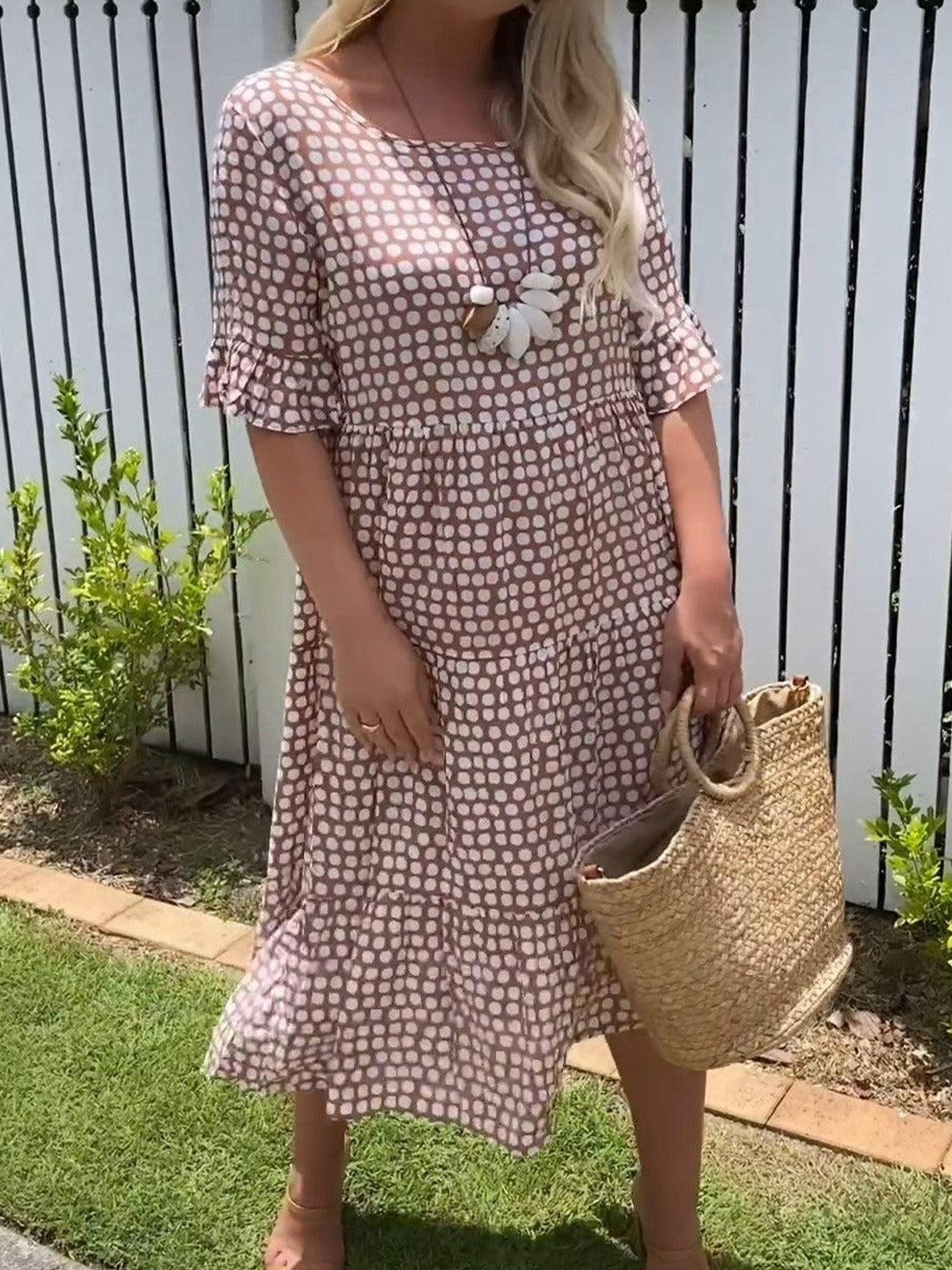 Robe Midi Décontractée À Col Ras Du Cou À Pois Pour Femme | Polka
