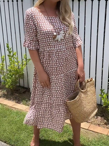 Robe Midi Décontractée À Col Ras Du Cou À Pois Pour Femme | Polka