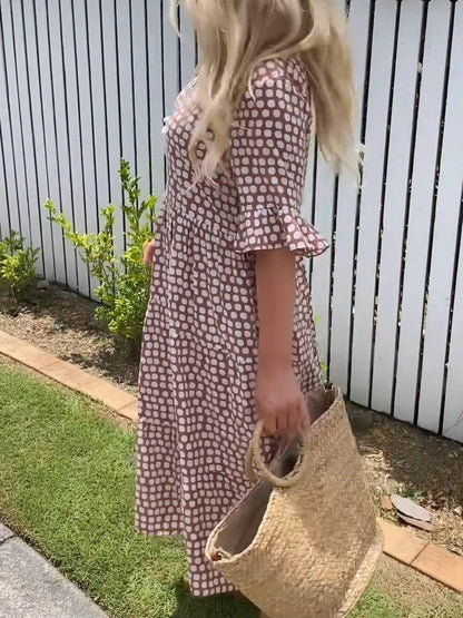 Robe Midi Décontractée À Col Ras Du Cou À Pois Pour Femme | Polka