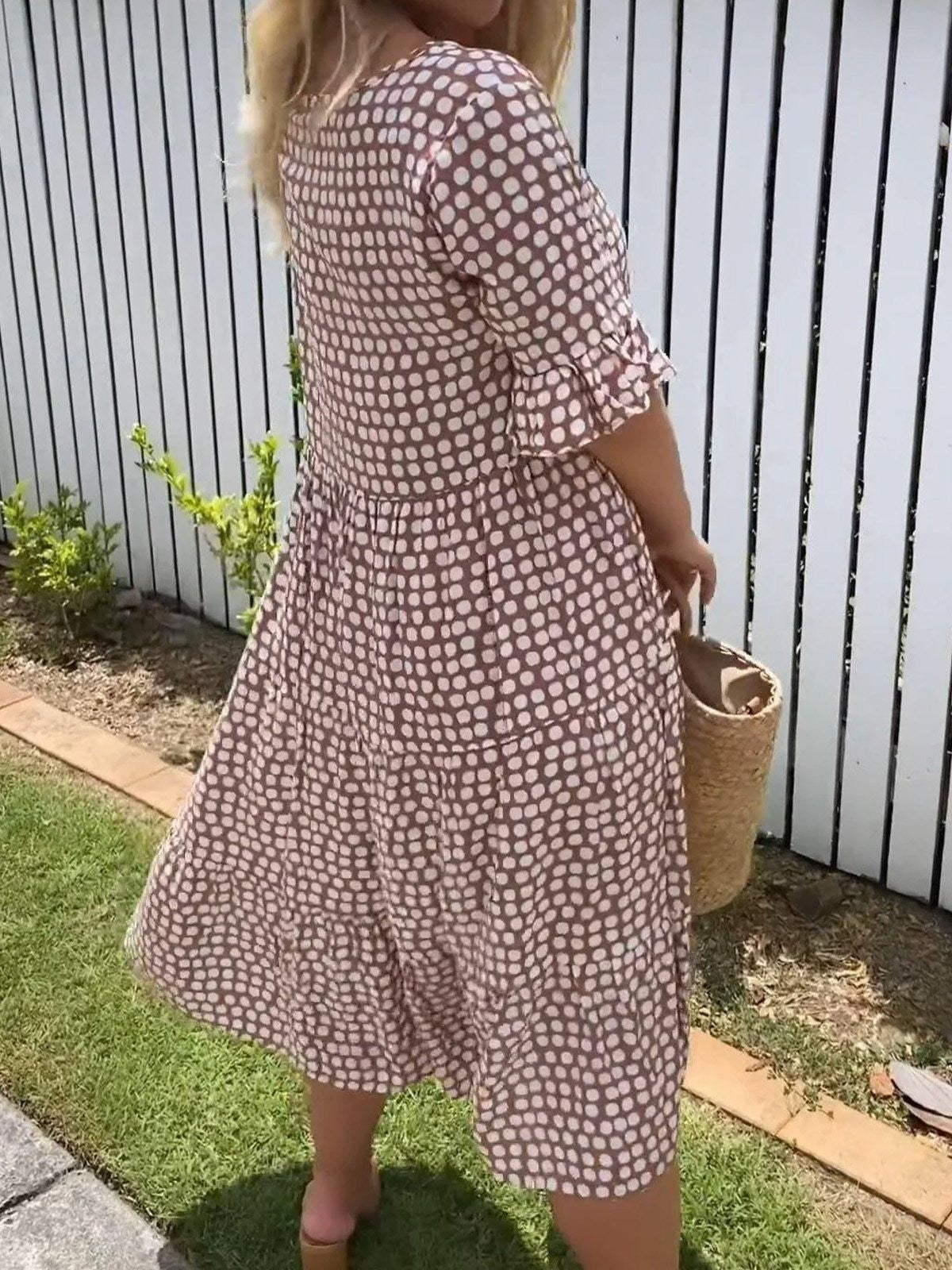 Robe Midi Décontractée À Col Ras Du Cou À Pois Pour Femme | Polka