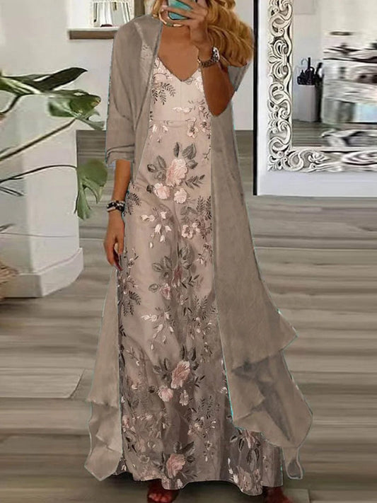 Ensemble Floral À Col En V Et Manches 3/4 Pour Femmes - Ensemble Deux Pièces Chic