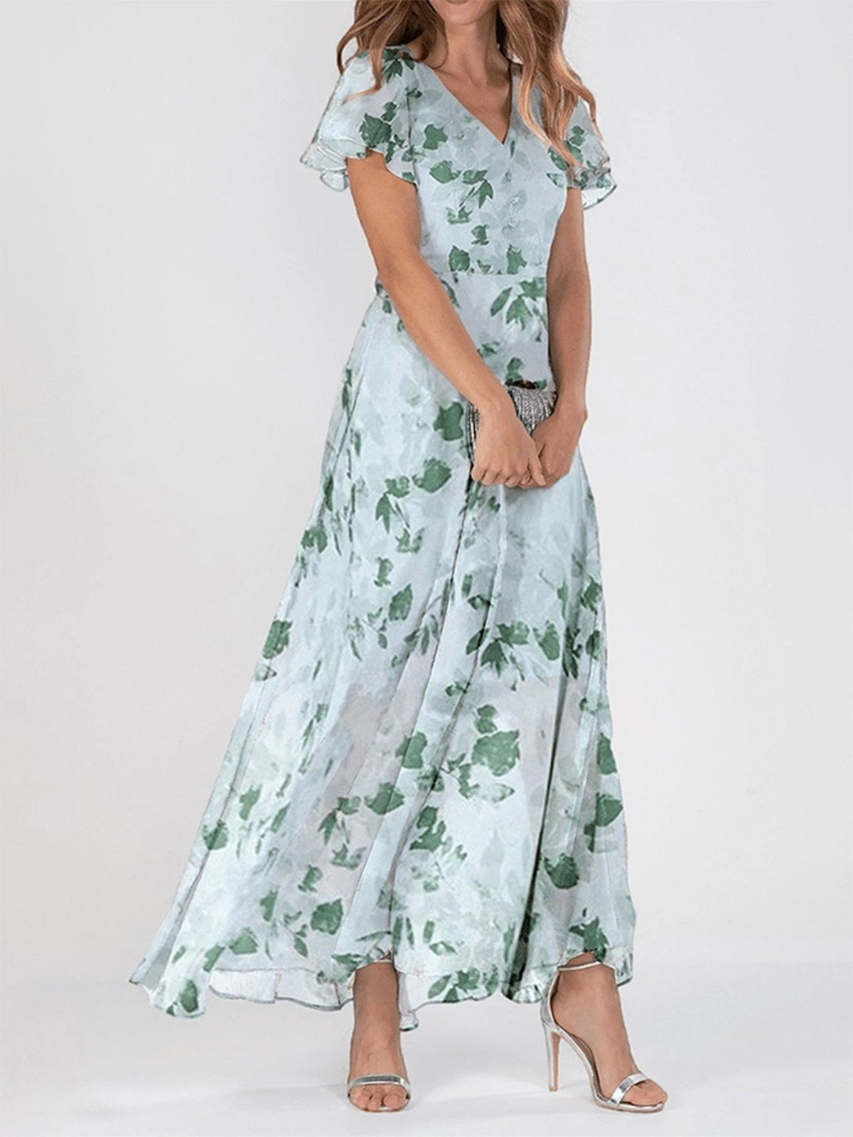 Robe Longue À Manches Courtes Col En V Fleurie Et Fluide Pour Femmes |  Style A-line Élégant