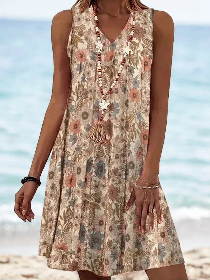 Robe Courte Décontractée À Col En V Et Imprimé Floral Pour Femmes