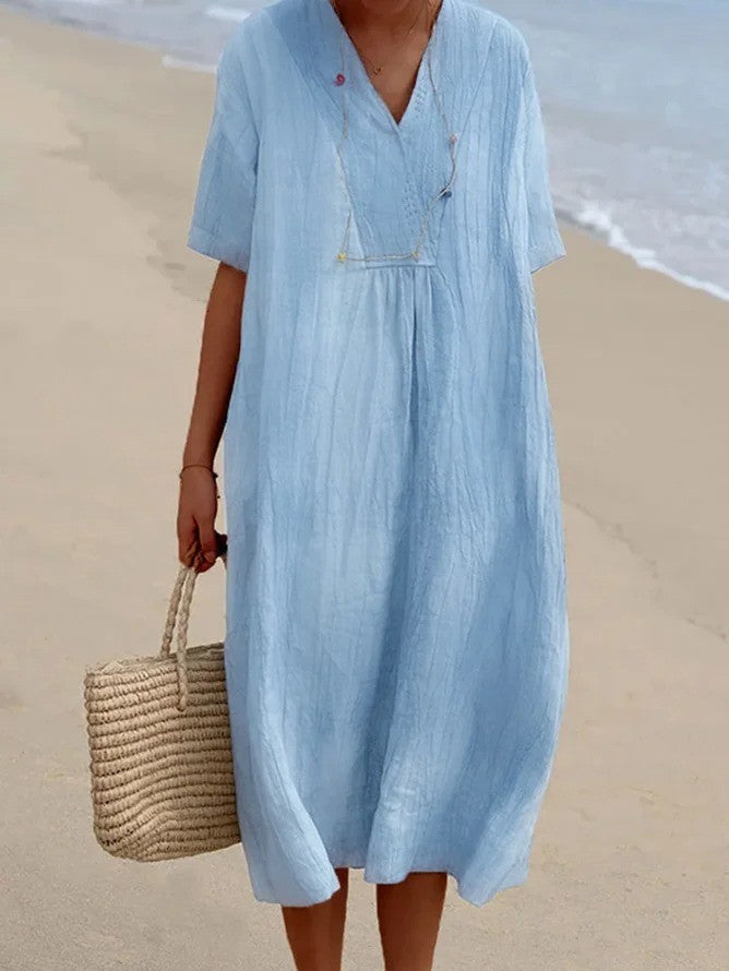 Robe Midi À Col En V Et À Demi-manches Pour Femmes | Été