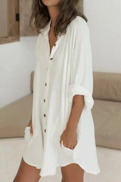 Capucine | Robe Bouton-front Blanc Solide Pour Femmes Dresses | Mini