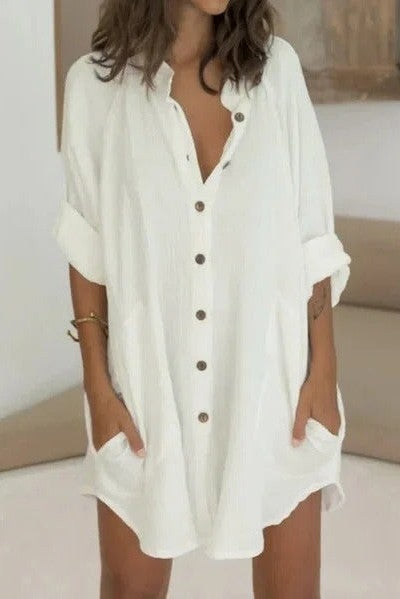 Capucine | Robe Bouton-front Blanc Solide Pour Femmes Dresses | Mini