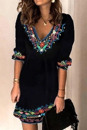 Robe Midi Ethnique Noire Pour Femme | Casual